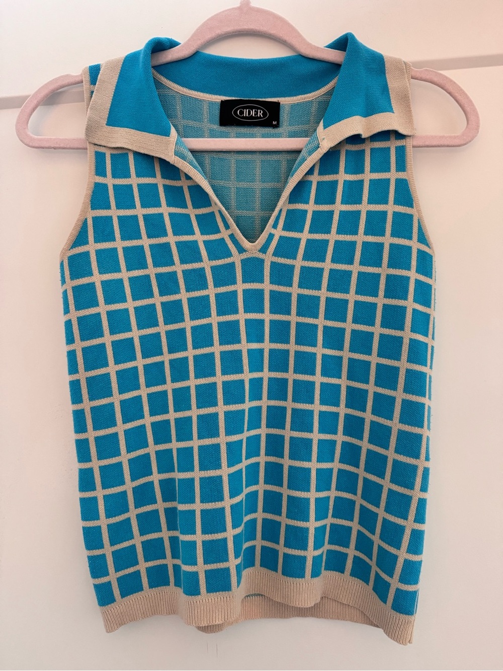 Cider Teal and Cream Windowpane Knit Polo Tank